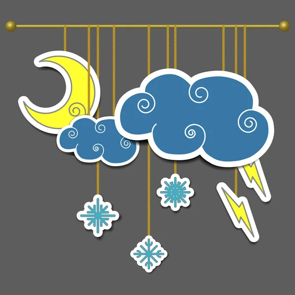 Paysages pour théâtre, lune, nuages, éclairs, flocons de neige. Icônes météo . — Image vectorielle