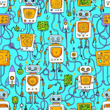Renkli el yapımı retro robotlar, kablolar ve devre kartlarını içeren kusursuz vektör deseni yoğun bir şekilde parlak turkuaz arka planda, tekstil veya ambalaj kağıdı için mükemmel..