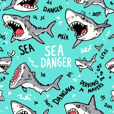 Saldırgan karikatür, büyük beyaz köpekbalıkları ve canlı bir su arka planında el yazısıyla yazılmış 