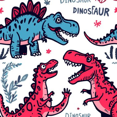 Çocukların tekstil ve duvar kağıtları için beyaz arka planda şirin mavi ve kırmızı Tyrannosaurus ve Stegosaurus dinozorları içeren el yapımı, pürüzsüz bir desen..