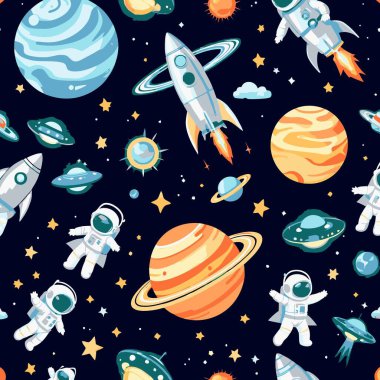 Eğlenceli ve renksiz uzay deseni. Çizgi film astronotları, roketler, gezegenler ve yıldızlarla dolu. Tekstil tasarımı için mükemmel bir arka plan..