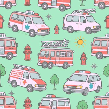 Karikatür ambülansların, itfaiye araçlarının ve nane yeşili arka planda yangın musluklarının, tekstil ya da duvar kağıdı için ideal desenleri..