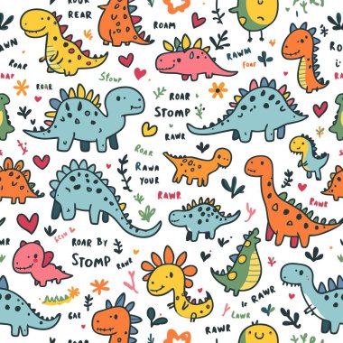 Beyaz bir arka planda el çizimi, renkli dinozor karakterleri, kalpler ve eğlenceli metinler içeren sevimli, pürüzsüz desen, çocuk modası ve dijital kağıt için ideal..