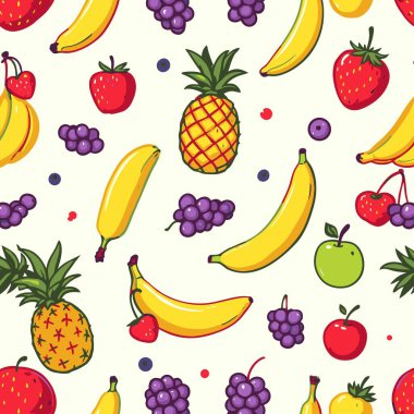 Muz, ananas, çilek, üzüm ve elma gibi tropikal meyvelerin tekstil, ambalaj ya da mutfak tasarımı için mükemmel olduğu canlı, el yapımı, dikişsiz vektör deseni..