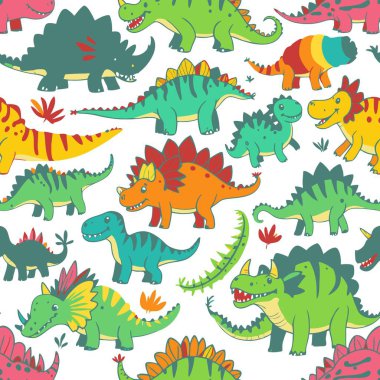 Canlı, el yapımı dinozor çizgi film karakterleri çocuk kumaşı, yatak örtüsü, ambalaj kağıdı ya da giysi tasarımı için mükemmel, eğlenceli, tapılası bir desen yaratırlar..