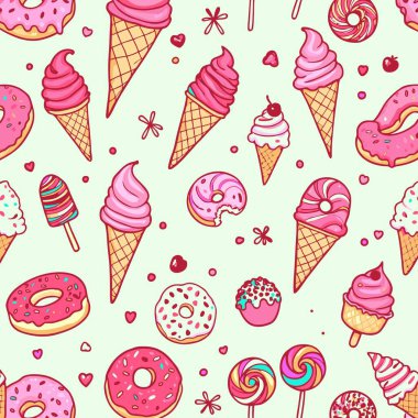 Pembe dondurma külahları, jöleli çörekler ve renkli lolipoplar içeren el yapımı dikişsiz desenler. Tekstil, ambalaj ya da dijital arka planlar için mükemmel..