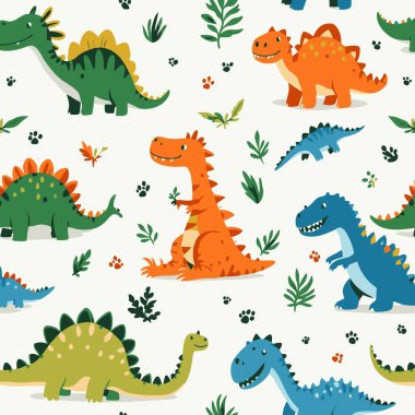 Şirin canlı dinozor karakterleri, T-Rex ve Stegosaurus da dahil, eğlenceli, renksiz, çocuk modası, ambalaj kağıdı ya da çocuk dekorasyonu için mükemmel bir desen yaratırlar..