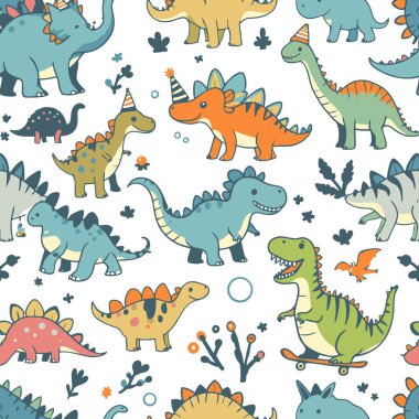 Renkli karikatür dinazorların parti şapkaları giydiği, çocuk tekstili, bebek odası duvar kâğıdı ve doğum günü tasarımları için mükemmel bir desen..