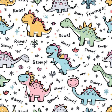 El yapımı karakterler, bitkiler ve ses efektleri içeren şirin pastel dinazor desenleri, çocuk kumaşı, giysisi ve ambalaj kağıdı için ideal..