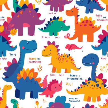 Beyaz arka planda çeşitli karikatür dinazorları olan hareketli, eğlenceli, kusursuz desenler. Tekstil baskısı veya çocuk ürünleri için mükemmel..