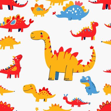 Hoş sarı, kırmızı ve mavi karikatür dinozorları içeren neşeli, hareketli, pürüzsüz bir desen. Çocuk kıyafetleri, tekstil ve kreş için mükemmel..
