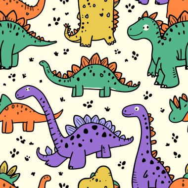 Eğlenceli, el çizimi, pürüzsüz desen çeşitli renkli karikatür dinozorlar ve ayak izleri, çocuk kıyafetleri, kumaşı veya çocuk odası için mükemmel..