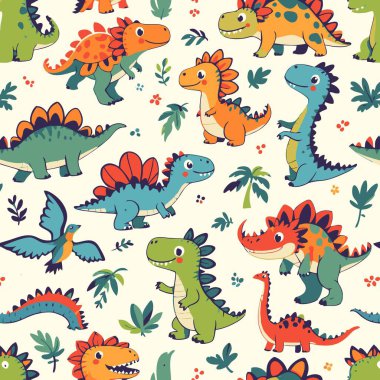 T-Rex ve Stegosaurus gibi el çizimi mutlu dinozorlar içeren renksiz desenler hafif bir arka planda tropikal orman yapraklarıyla çevrili..