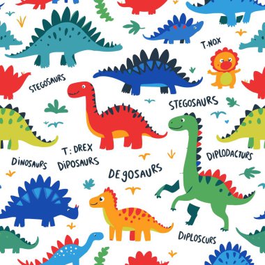 Beyaz arka planda kusursuz desenli renkli, şirin karikatür dinozorları, çocuk kıyafetleri, tekstil, duvar kağıdı ve bebek duşu tasarımları için mükemmel..