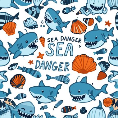 Sevimli mavi köpekbalığı ve deniz hayatı el çizimi stili 