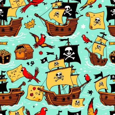 Korsan gemileri, papağanlar, hazine sandıkları ve parlak turkuaz bir okyanus zemininde haritalar içeren kusursuz bir karikatür deseni..