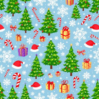 Süslü ağaçlar, kar taneleri, şeker kamışları, Noel Baba şapkaları ve renkli hediye kutuları ambalaj kağıdı veya kumaş tasarımı için mükemmel..