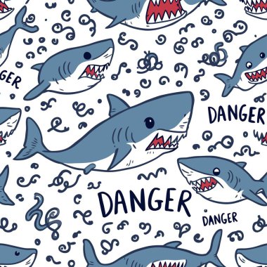 Beyaz arka planda tehlike uyarısı metni olan, tekstil ve ambalaj kağıdı için mükemmel, el çizimi mavi köpek balığı çizgi filmi kusursuz desen..