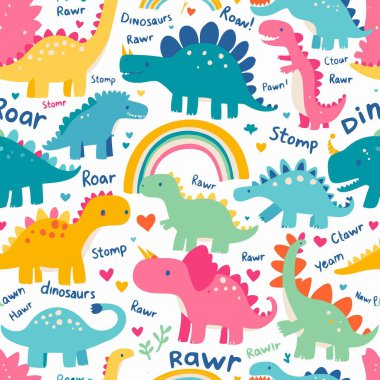 Renkli karikatür dinozorlar, gökkuşakları ve kalpler içeren sevimli, pürüzsüz vektör deseni, çocuk tekstil tasarımı ve çocuk dekorasyonu için mükemmel..
