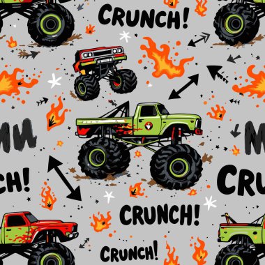 Karikatür canavar kamyonları, ateşli patlamalar ve gri arka planda CRUNCH ses efektleri içeren dinamik ve pürüzsüz desenler, çocuk tekstil veya ambalaj tasarımı için mükemmel..