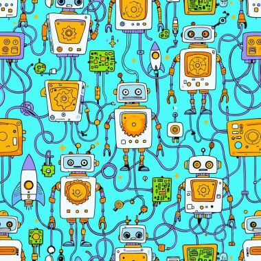Turkuaz bir zemin üzerinde el yapımı komik robot, kablo ve devre kartlarının hareketsiz deseni. Tekstil, duvar kâğıdı ve çocuk ürünleri için ideal..