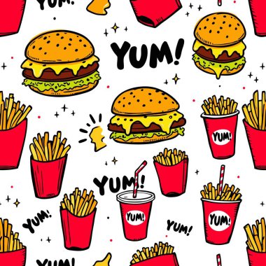 Çizgi film çizimleri, patates kızartmaları, gazoz bardakları ve 