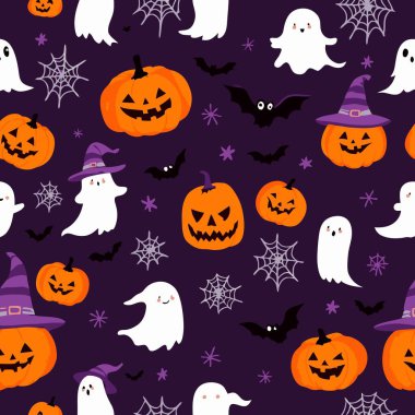 Şirin, ürkütücü Cadılar Bayramı desenleri. Balkabakları, uçan hayaletler, yarasalar ve örümcekler kumaş ve ambalaj kağıtları için mor bir arkaplanda..