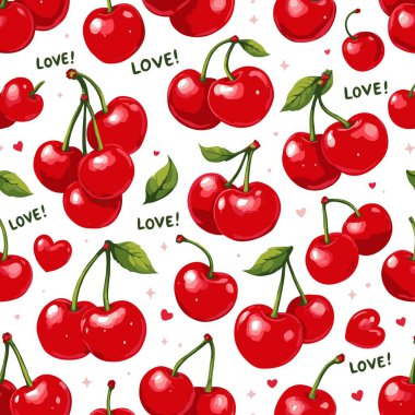 Canlı, el yapımı, pürüzsüz kırmızı kiraz, yeşil yapraklar ve beyaz üzerinde yüzen kalpler. Romantik ambalaj, kumaş veya Sevgililer Günü tasarımı için mükemmel..