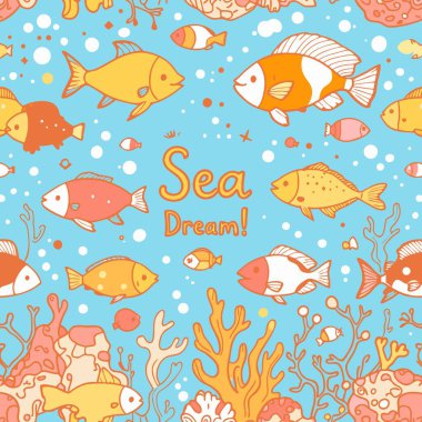 Açık mavi arka planda şirin tropikal balıklar ve renkli mercanlar içeren canlı çizgi film desenleri, çocuk tekstil ve izleri için mükemmel..