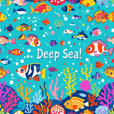 Turkuaz bir zemin üzerinde egzotik tropikal balıkların ve renkli mercanların canlı çizgi film deseni, tekstil tasarımı veya çocuk ürünleri için ideal..
