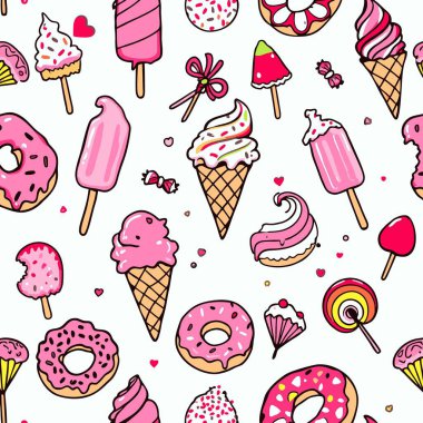 Renkli, elle çizilmiş, pürüzsüz bir desen. Beyaz arka planda dondurma, çörek ve buzlu şeker gibi çeşitli pembe tatlılar var. Paket kağıdı ya da kumaş için mükemmel..