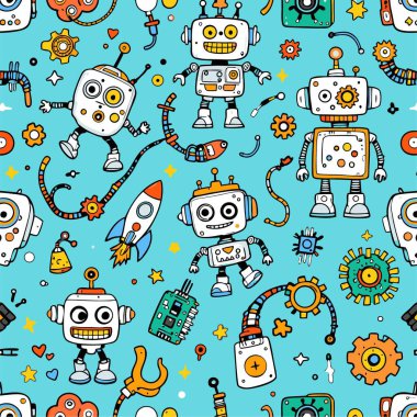 Sevimli el yapımı retro robotlar ve mekanik parçalar çocuk ürünleri için eğlenceli, parlak ve renksiz bir fütüristik arka plan oluşturuyor..