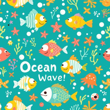 Canlı bir turkuaz arka planda sevimli tropikal yıldız, denizyıldızı ve mercan karikatürleri içeren kusursuz vektör deseni, tekstil ve çocuk dekorasyonu için mükemmel..