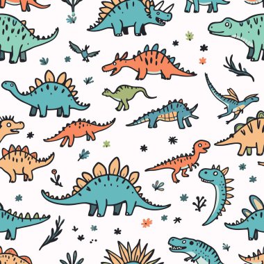 Beyaz bir zemin üzerinde T-Rex, Stegosaurus ve Triceratops gibi el yapımı karikatür dinozorları barındıran, kusursuz bir desen. Çocuk kumaşı ya da bebek tasarımı için mükemmel..