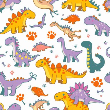 Sevimli karikatür dinozorları ve tarih öncesi elementleri içeren hareketli ve pürüzsüz desen, çocuk tekstil tasarımı, ambalaj kağıdı veya çocuk dekorasyonu için idealdir..