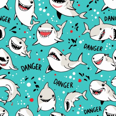 Tehlikeli dişleri olan sevimli karikatür köpekbalıklarının ve tekstil tasarımı için canlı bir turkuaz arka planda DANGER metninin yer aldığı komik, pürüzsüz bir desen..