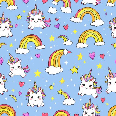 Kawaii tekboynuzları, parlak gökkuşakları, kalpler ve yıldızların neşeli mavi arka planda, çocuk ürünleri ve kumaş tasarımı için idealleri olan sevimli, pürüzsüz bir desen..