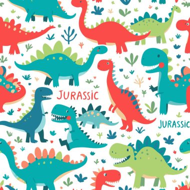 Neşeli Jurasik dinozorların canlı renklerde, çocuk kumaşı, giysisi ve duvar kâğıdı için eğlenceli, pürüzsüz bir doku yaratan oyuncu vektör çizimi.