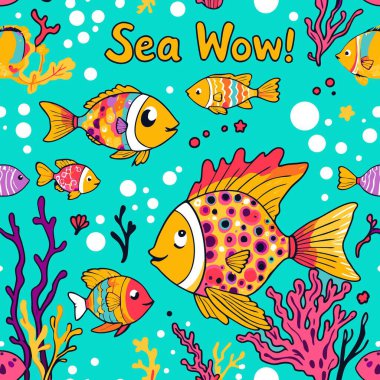 Güzel tropikal balıklar, renkli mercanlar ve çocuk tekstili ya da yüzey tasarımı için mükemmel kabarcıklar içeren parlak, canlı sualtı desenleri..