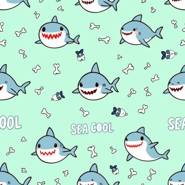 Şirin köpek balıklarının, küçük balıkların ve darmadağın olmuş kemiklerin çocuk ürünleri ve giyim kuşamları için mükemmel olan nane yeşili arka planda olduğu sevimli, kusursuz bir vektörsüz desen..