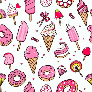 Renkli çörekler, dondurma külahları ve buzlu şekerler içeren, tekstil, ambalaj ya da dijital arka planlar için idealdir..