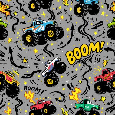 Gri arka planda çizgi film canavar kamyonları, BOOM metinleri, oklar ve grunge elementleri barındıran enerji dolu kusursuz desenler var. Çocuk tasarımı ve tekstil için mükemmel..