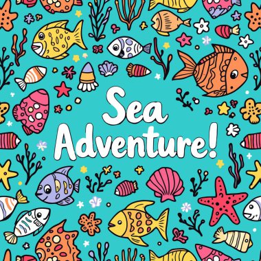 Canlı bir turkuaz arka planda karalama balığı, denizyıldızı ve mercanla renksiz, el yapımı bir sualtı sahnesi olan kusursuz desen, çocuk tekstil ve ambalajı için mükemmel..