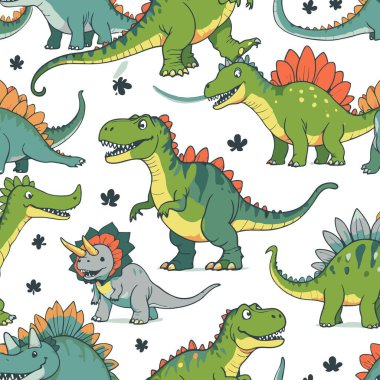 T-Rex ve Triceratops gibi yeşil karikatür dinozorları içeren el yapımı, şirin desenler. Çocukların tekstil baskısı ya da çocuk duvar kağıdı tasarımı için ideal..