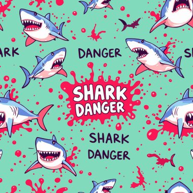 Eğlenceli, korkutucu, kusursuz vektör desenleri. Agresif çizgi film köpekbalıkları, keskin dişler, tehlikeli metinler ve parlak bir turkuaz arka planda kırmızı lekeler..