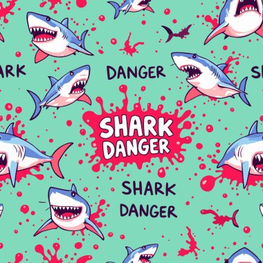 Eğlenceli, korkutucu, kusursuz vektör desenleri. Agresif çizgi film köpekbalıkları, keskin dişler, tehlikeli metinler ve parlak bir turkuaz arka planda kırmızı lekeler..