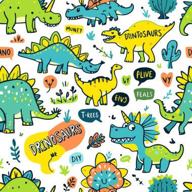 Şirin, renkli karalama dinozorları ve tuhaf yazı baloncukları ile kusursuz bir şekilde tekrarlanan yüzey tasarımı, bebek odası kağıdı ve giysisi için ideal..