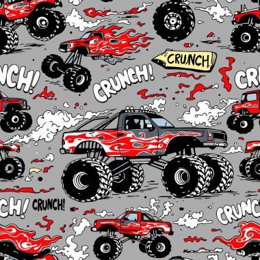 Kırmızı canavar kamyonlar, alev çıkartmalar, büyük lastikler ve çizgi roman 'CRUNCH!' Gri arkaplanda ses efektleri, tekstil tasarımı için mükemmel.