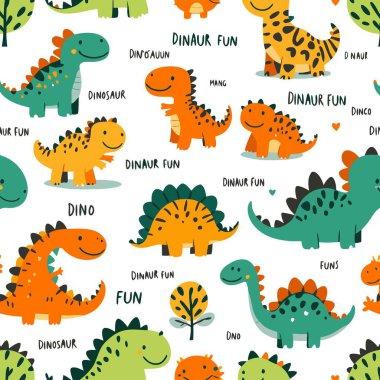 Neşeli karikatür dinozorları içeren kusursuz desenler, tekstil tasarımı, çocuk dekorasyonu, çocuk kıyafetleri, duvar kâğıdı, ya da koleksiyon kitabı projeleri için mükemmel..