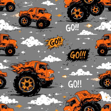 Gri arka planda dev tekerlekleri olan enerjik turuncu canavar kamyonlar, erkek kıyafetleri ya da dijital duvar kağıtları için mükemmel..